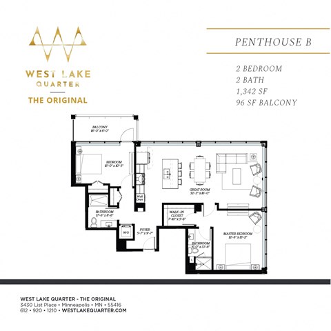 Floor plan for 2 beds, 2 baths, 1342 sqft